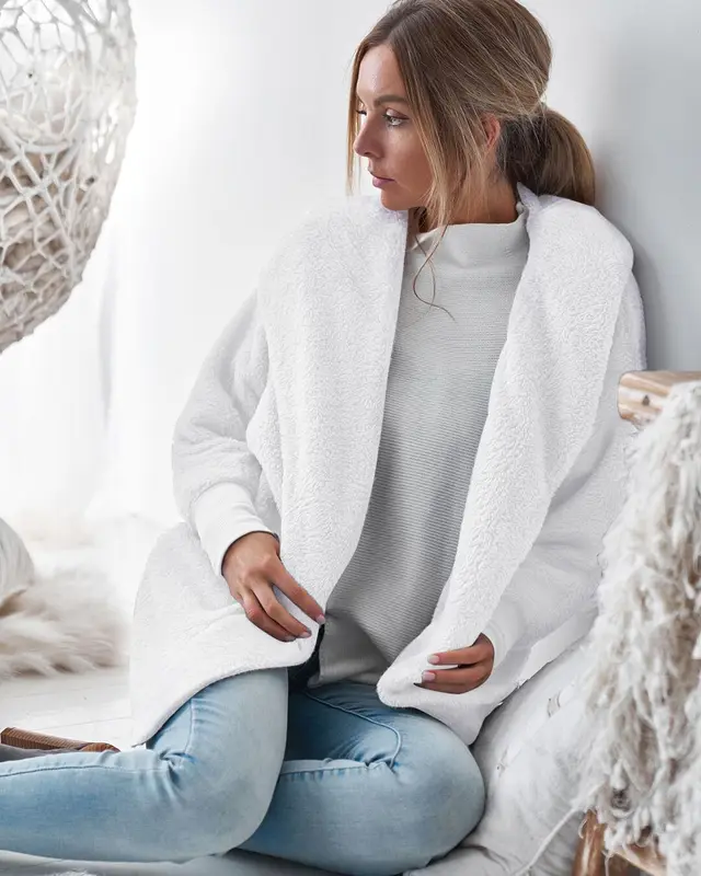 Hooded long sleeve Fleece Jacket White - Shop at LoveMi