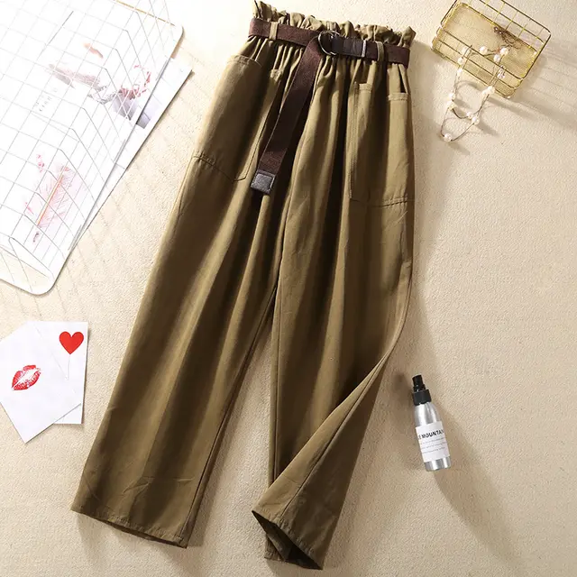 Flower bud elastic waist versatile casual pants Army Green - Shop at LoveMi
