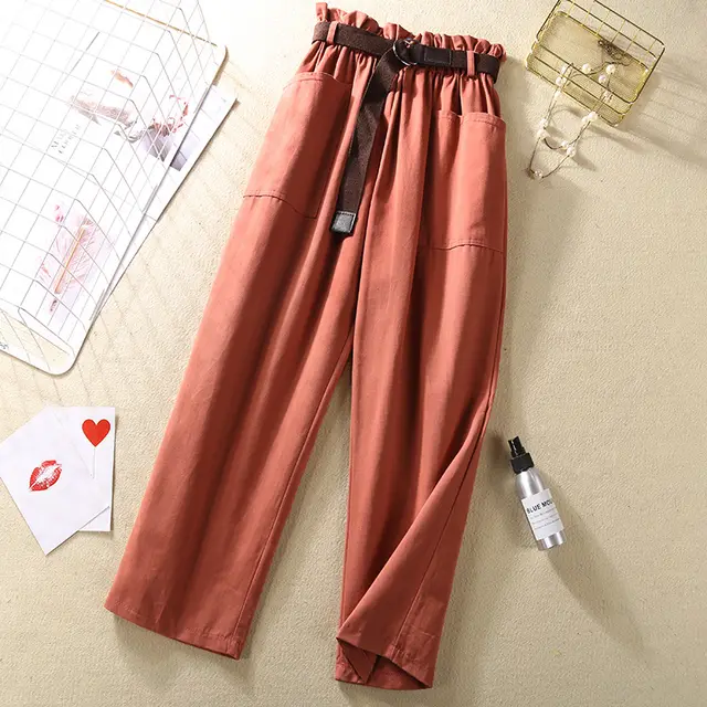 Flower bud elastic waist versatile casual pants Brick Red - Shop at LoveMi
