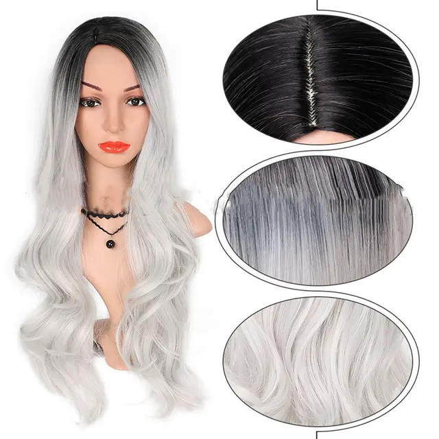 Wig foreign trade wig female gradient chemical fiber wig wig Grey - Shop at LoveMi