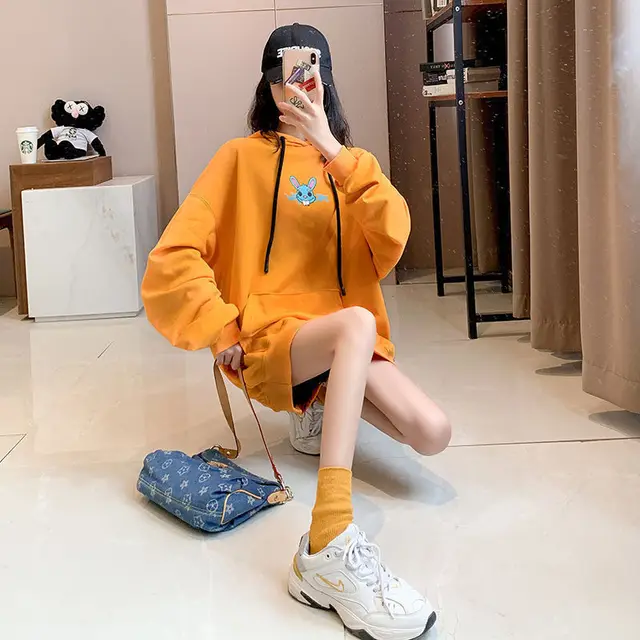 Women's loose long sleeved hooded sweater Orange - Shop at LoveMi