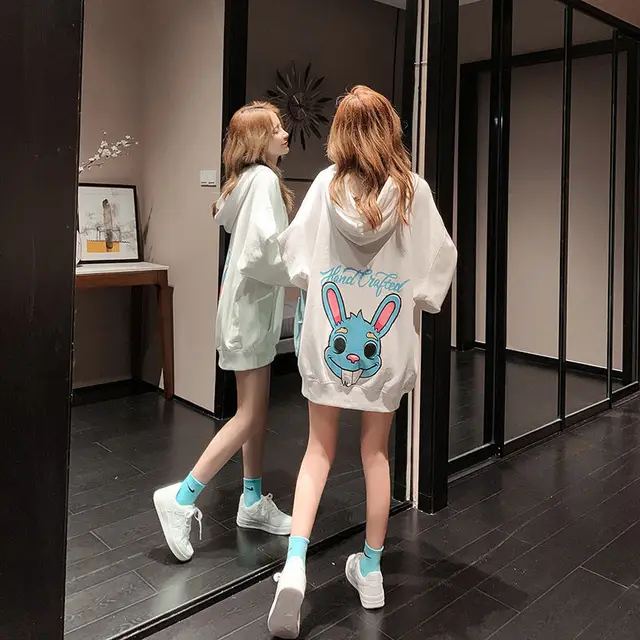 Women's loose long sleeved hooded sweater White - Shop at LoveMi