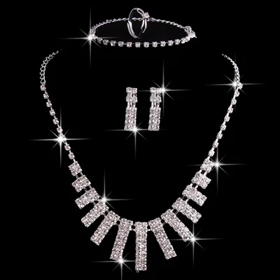 Rhinestones Necklace Set With Earrings Ring And Bracelet Fashion Jewelry For Women Default - Shop at LoveMi