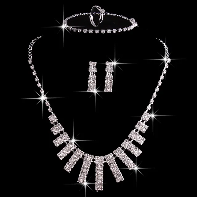 Rhinestones Necklace Set With Earrings Ring And Bracelet Fashion Jewelry For Women Default - Shop at LoveMi