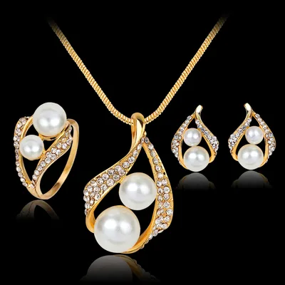 Three piece Set Of Earrings Necklaces Rings And Pearls Default - Shop at LoveMi