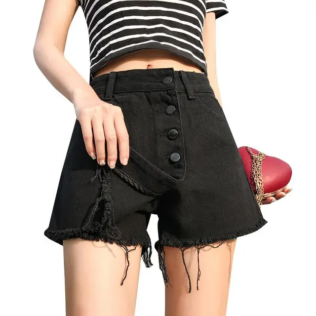 Button Front High Rise Denim Shorts Black - Shop at LoveMi