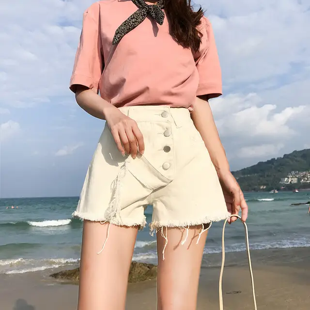 High rise breasted black denim shorts White - Shop at LoveMi