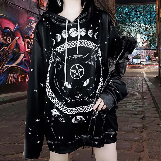 Street Gothic Cat Print Loose Hooded Sweater Black - Shop at LoveMi