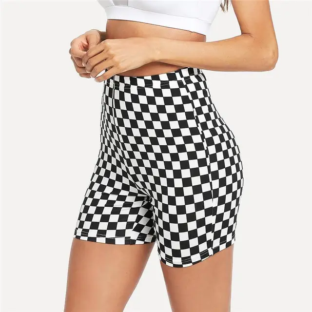 cross border European and American black and white chess board printing tight yoga shorts sexy women's high waist sports shorts Black And White Case - Shop at LoveMi