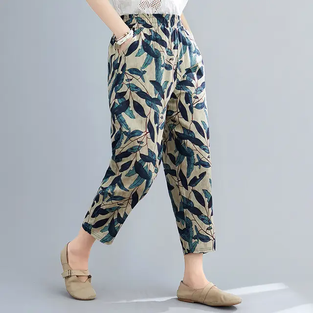 Printed Cotton Linen Pants Women's New Loose Nine Point Harem Pants Fat Plus Size Emerald Green - Shop at LoveMi