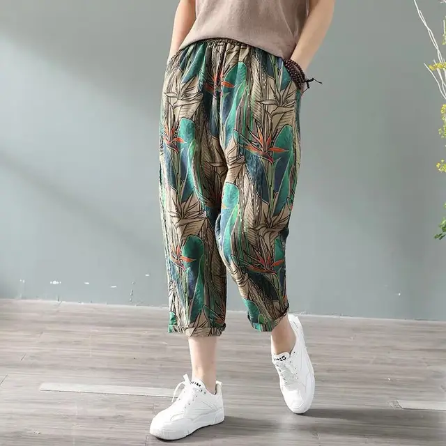 Printed Cotton Linen Pants Women's New Loose Nine Point Harem Pants Fat Plus Size Green - Shop at LoveMi