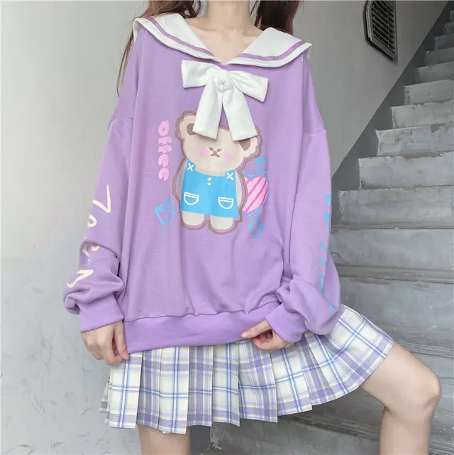 Original cute printed navy collar sweet sweatshirt Purple - Shop at LoveMi