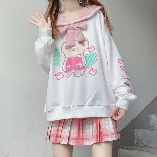 Original cute printed navy collar sweet sweatshirt White - Shop at LoveMi