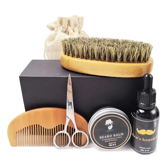 Beard wax beard oil wood comb bristle bristle brush shaving scissors set Set - Shop at LoveMi