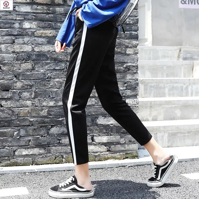 Student's Harem Pants loose body Pants Capris casual pants Black With White Edge - Shop at LoveMi
