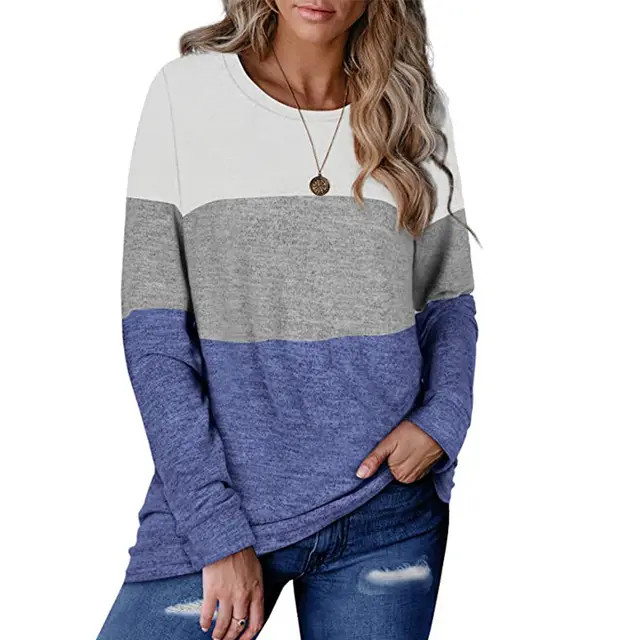 Women's round neck pullover color block sweater Blue - Shop at LoveMi