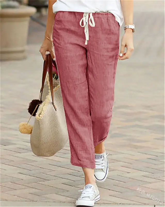 Drawstring elastic waist cotton and linen pants Claret - Shop at LoveMi