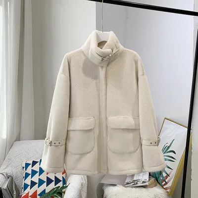 Women's short fur coat with imitation mink plush Apricot - Shop at LoveMi