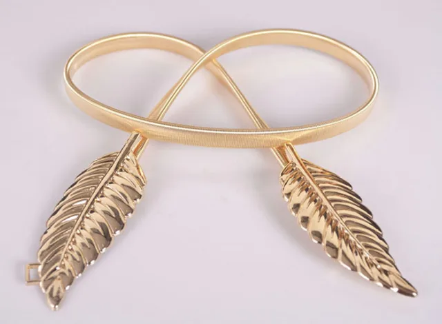 Women's elastic elastic chain waist chain Decorative tree leaves to buckle women's belt Golden 01 - Shop at LoveMi