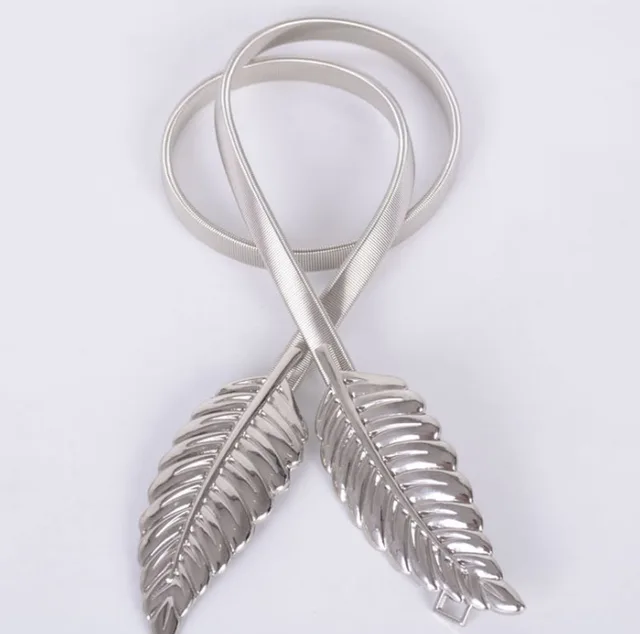 Women's elastic elastic chain waist chain Decorative tree leaves to buckle women's belt Silver 02 - Shop at LoveMi