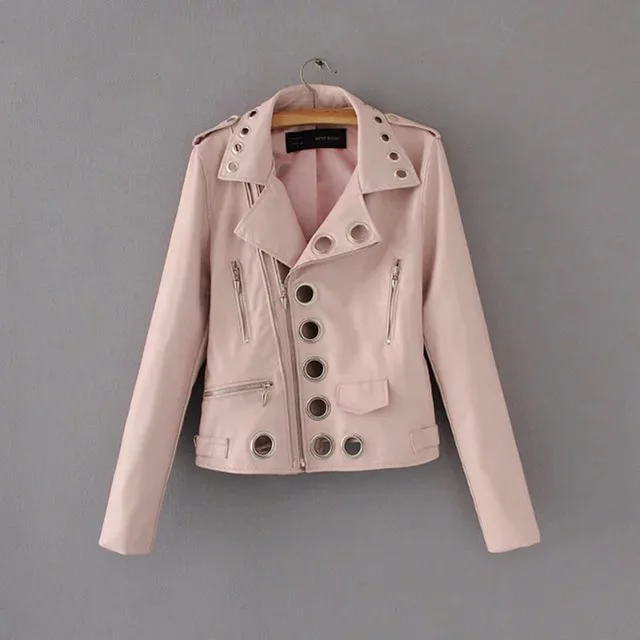 Ladies Fashion Hollow Pu Leather Jacket Pink - Shop at LoveMi
