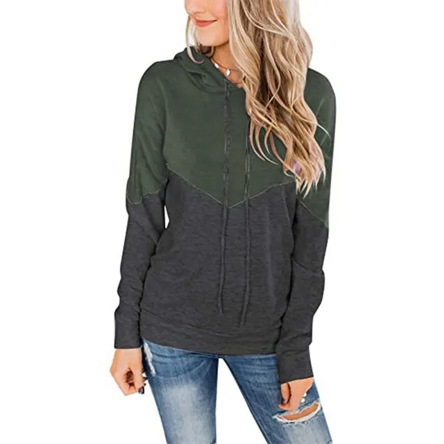 Women's Hooded Contrast Color Long sleeved Sweater Green - Shop at LoveMi