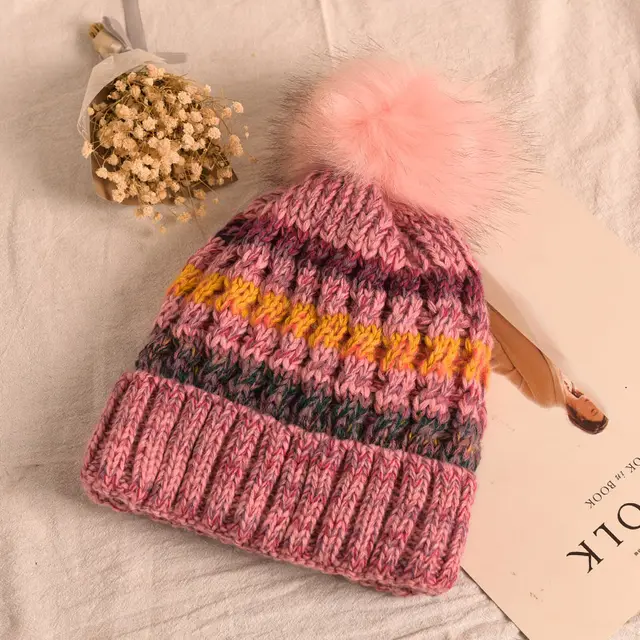 Autumn and winter knit hat ladies color striped wool hat plus velvet thick warm Korean version of the tide hair ball hat Pink - Shop at LoveMi