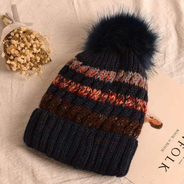 Autumn and winter knit hat ladies color striped wool hat plus velvet thick warm Korean version of the tide hair ball hat Tibetan Youth - Shop at LoveMi
