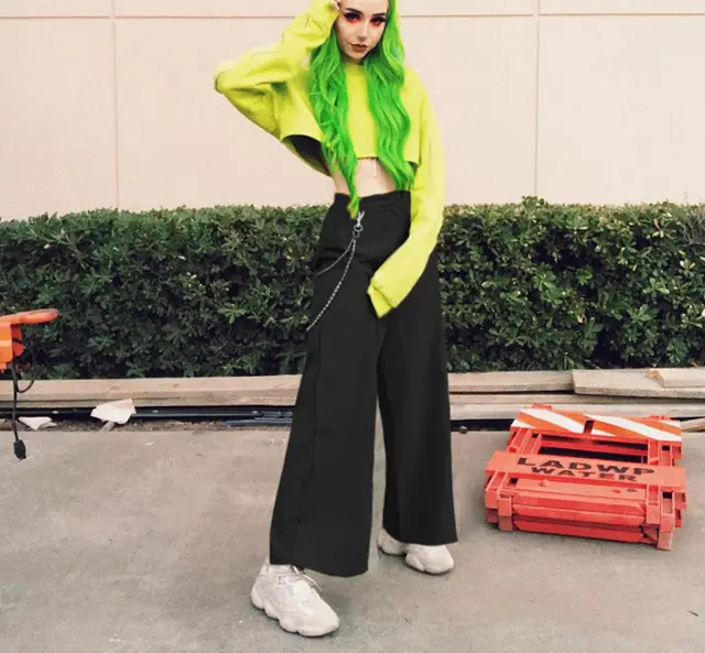 Wide leg pants female Europe and the United States summer hot metal chain decoration loose wild casual wide leg pants slim trousers Black - Shop at LoveMi