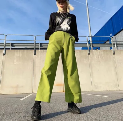 Wide leg pants female Europe and the United States summer hot metal chain decoration loose wild casual wide leg pants slim trousers Green - Shop at LoveMi
