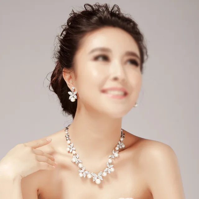 Bridal jewelry , foreign trade, European and American dress, accessories, Korean version of pearls, three sets necklace, wedding suite mixed batch Necklace And Earrings - Shop at LoveMi