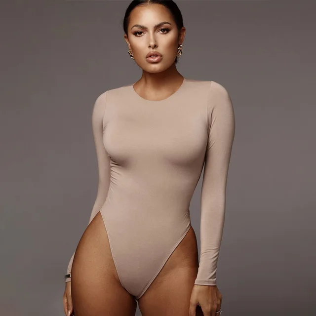 New Style Solid Color Slim Long Sleeved Bottoming Bodysuit For Autumn and Winter Apricot - Shop at LoveMi