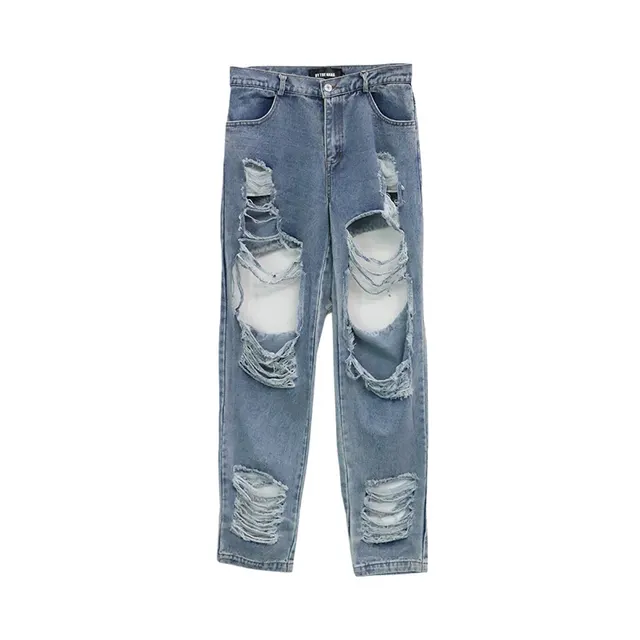 Ripped exposed leg casual wide leg jeans Blue - Shop at LoveMi