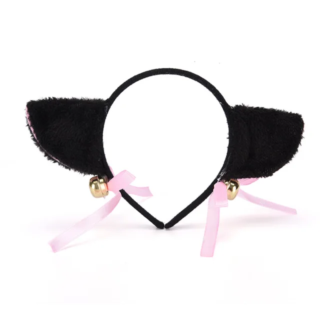 Plush cat ears headband Bells anime show ball headwear Maid catwoman cosplay hairpin Black - Shop at LoveMi