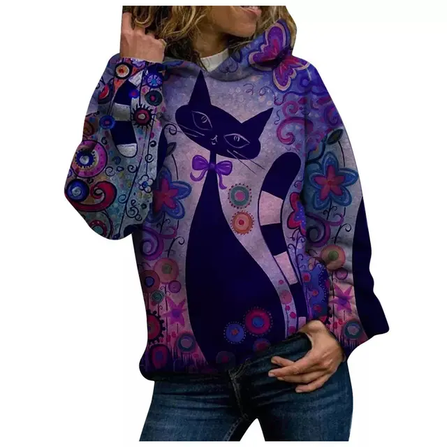 Cat 3D printed casual hooded pullover sweater Purple - Shop at LoveMi