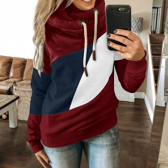 Tri color Patchwork Belted Hoodie With Long Sleeves Red - Shop at LoveMi