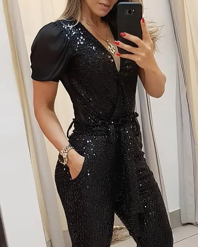 Deep V sequined jumpsuit Black - Shop at LoveMi