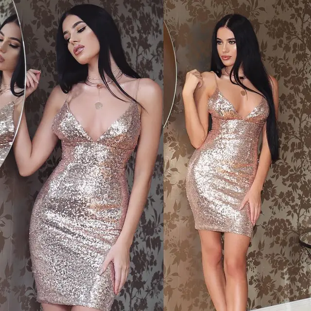 Strap sequin dress Rose Gold - Shop at LoveMi