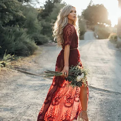 Deep V neck Short Sleeve Lace Perspective Tight Sleeve Dress Maxi Dress Claret One Size - Shop at LoveMi