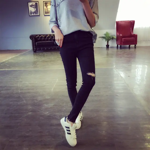 Casual wild wear hole pants Black - Shop at LoveMi