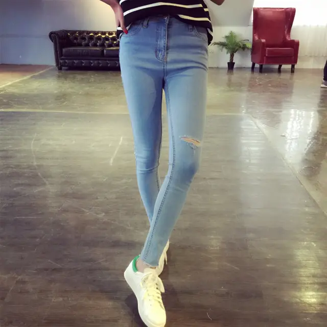 Casual wild wear hole pants Light Blue - Shop at LoveMi