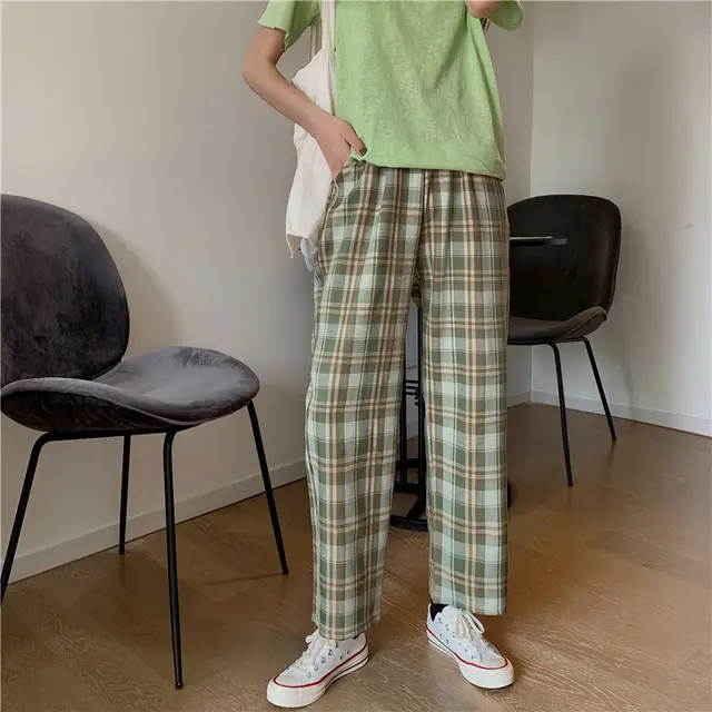 High waist plaid casual pants Green - Shop at LoveMi