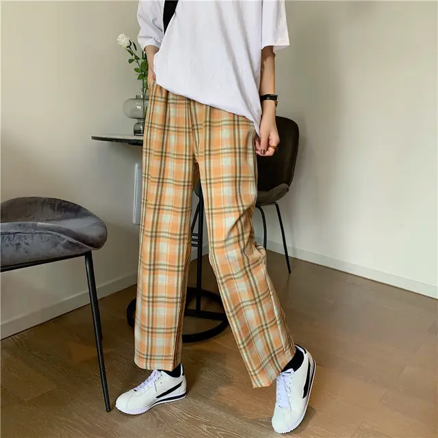 High waist plaid casual pants Yellow - Shop at LoveMi