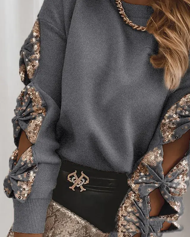 European and American fashion sequin stitching sweater top Dark Grey - Shop at LoveMi