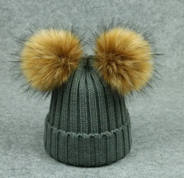 Cross border Special Supply Parent child Wool Hat Raccoon Fur Double Ball Fake Hair Ball New Knit Hat Fast Sale Source Adult Grey - Shop at LoveMi