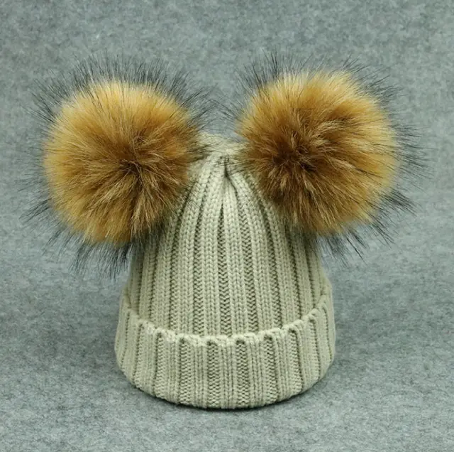 Cross border Special Supply Parent child Wool Hat Raccoon Fur Double Ball Fake Hair Ball New Knit Hat Fast Sale Source Baby Beige - Shop at LoveMi