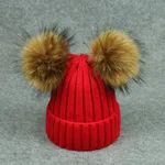 Cross-border Special Supply Parent-child Wool Hat Raccoon Fur Double Ball Fake Hair Ball New Knit Hat Fast Sale Source - Baby Red