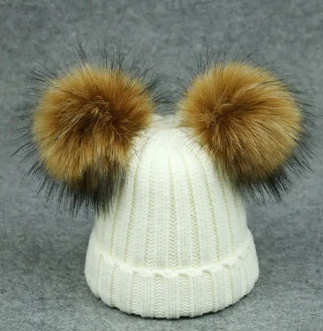 Cross-border Special Supply Parent-child Wool Hat Raccoon Fur Double Ball Fake Hair Ball New Knit Hat Fast Sale Source - Baby White