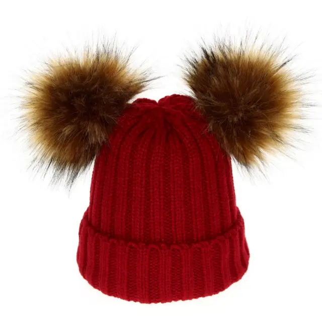 Cross border Special Supply Parent child Wool Hat Raccoon Fur Double Ball Fake Hair Ball New Knit Hat Fast Sale Source Baby Wine Red - Shop at LoveMi