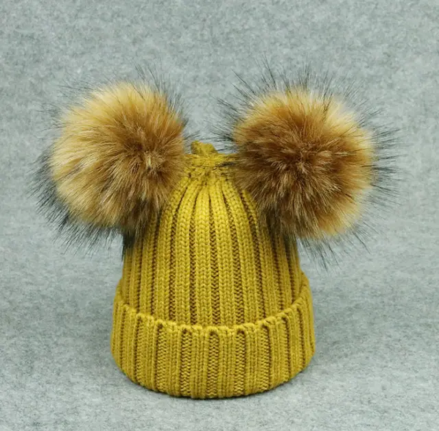 Cross border Special Supply Parent child Wool Hat Raccoon Fur Double Ball Fake Hair Ball New Knit Hat Fast Sale Source Baby Yellow - Shop at LoveMi